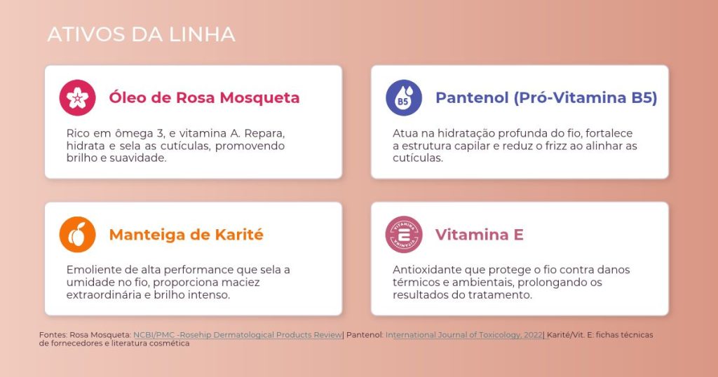 Tecnologia e ativos da linha E.lixir Rosa Mosqueta Escudo Antifrizz